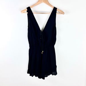 Angl Womens Romper Small Solid Black Deep V-Neck Ruffle Hem Tie Front One Piece